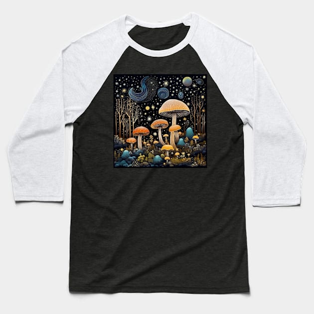 Starry Night Magic Mushroom Baseball T-Shirt by MushMagicWear